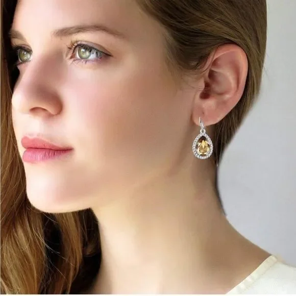 14K White Gold with Champagne Topaz Austrian Crystal Teardrop Halo Hook Earrings